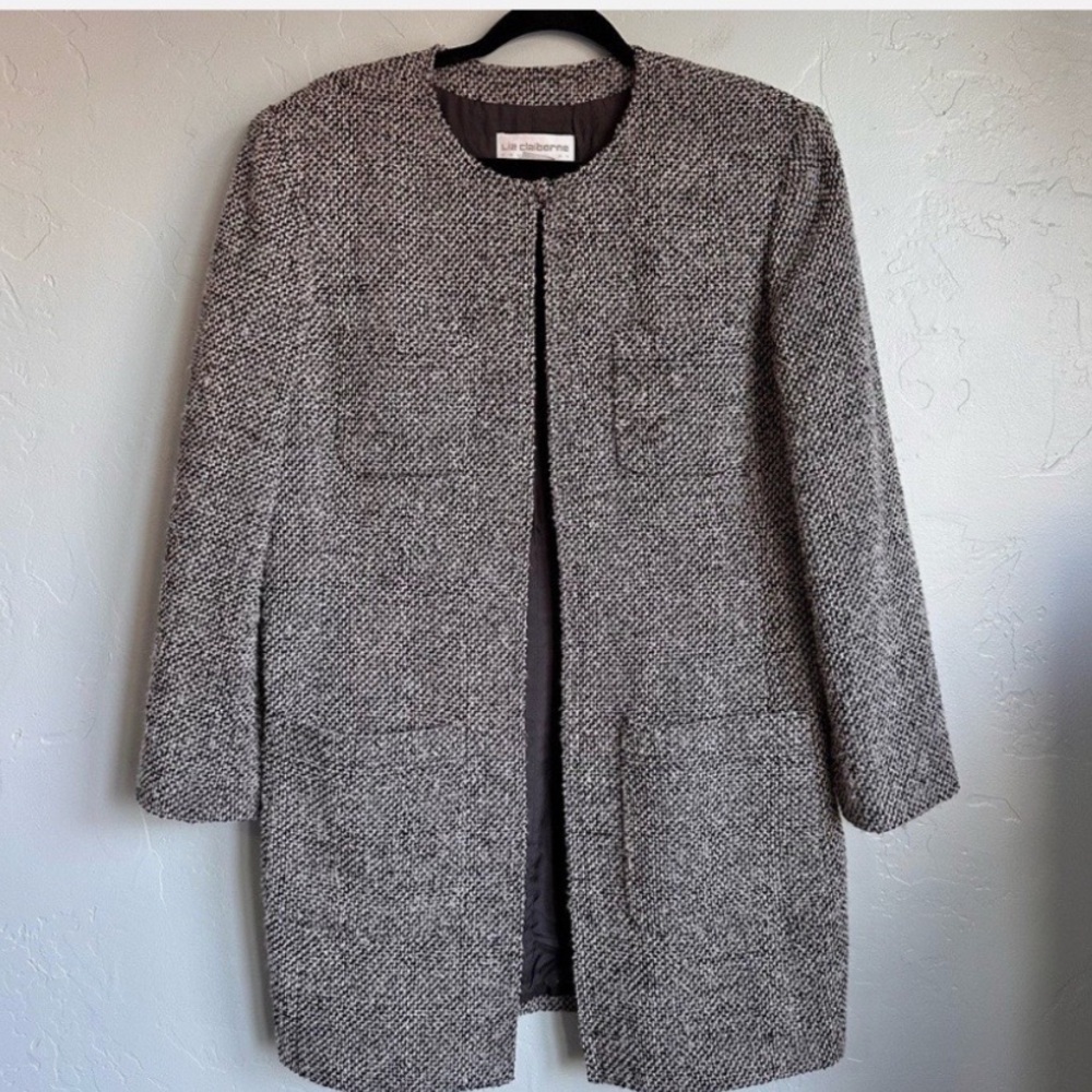 Vintage Wool Blend Liz Claiborne Black & White Tweed Bouclé Coat Size 10 - Picture 2 of 8